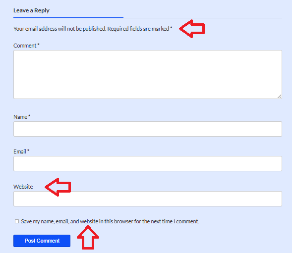Points to be corrected on the standard comment form